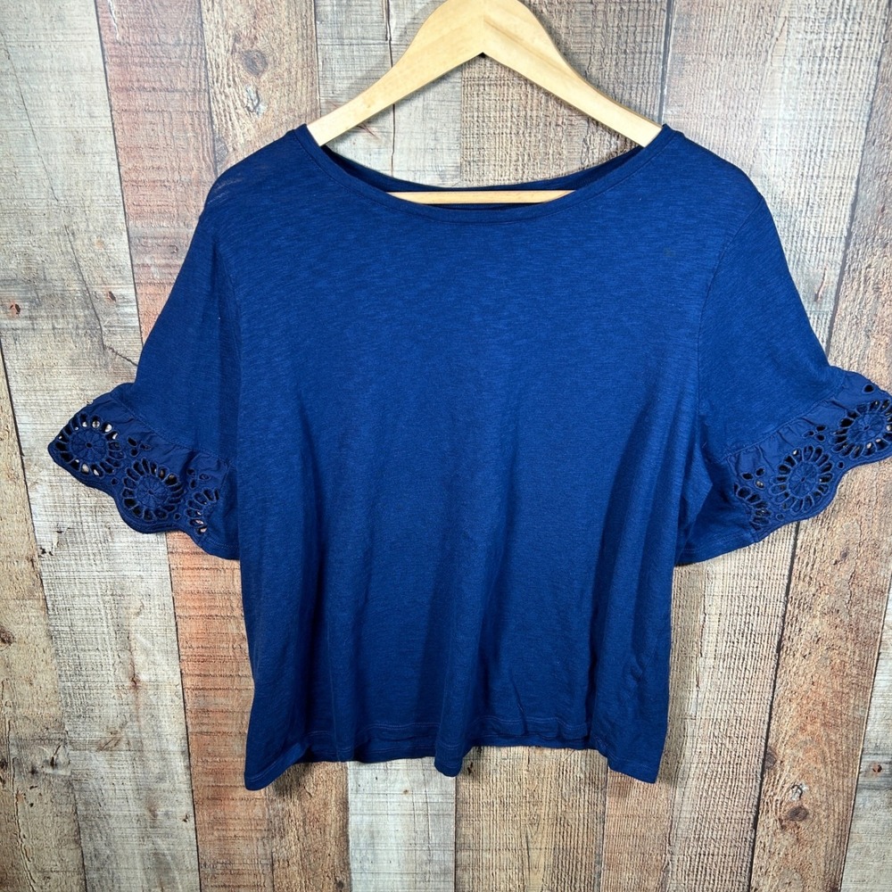 Sonoma Blue Cotton Modal Eyelet Ruffle Short Sleeve Top Plus Size 1X Boho